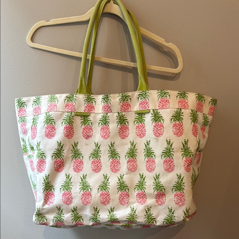 Pineapple Print Tote Bag with Green Handles